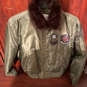 Lucky Brand Olive Bomber Jacket with Brown Fur Collar
